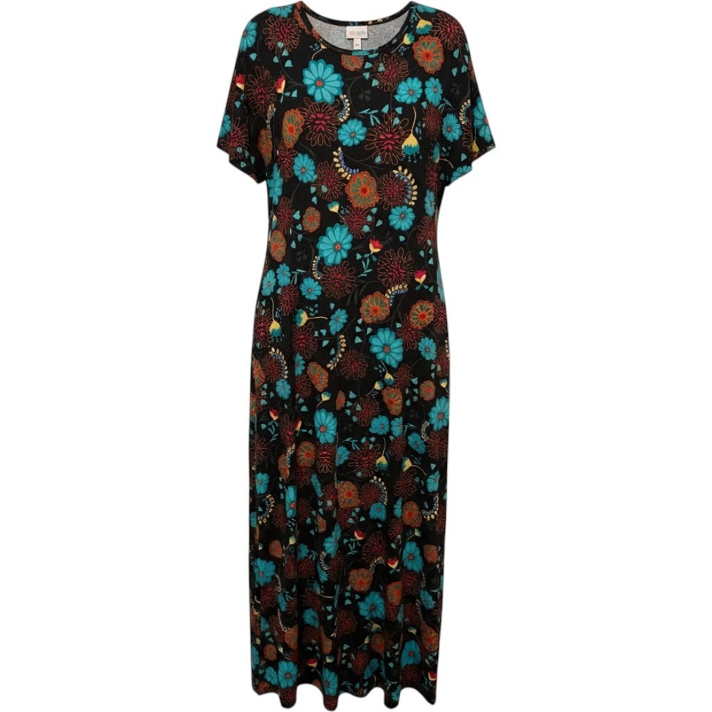 LuLaRoe Ana Maxi Dress XL Black Floral Short Sleeve Crew Neck A-Line Long Gown
